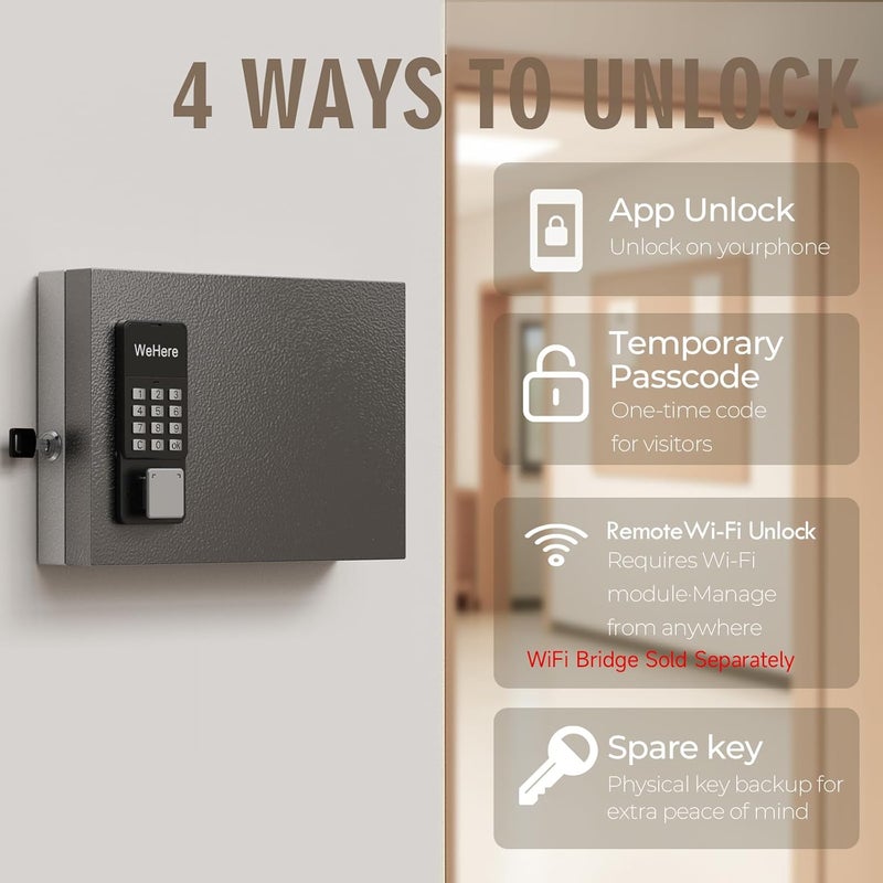 WeHere 16 Key Lock Box, Smart Wall Mount Key Cabinet with Key Tags, OTP/APP/Fixed Code Unlock, Security Storage Key Holder, Key Management for House, Hotel, Office - Image 3